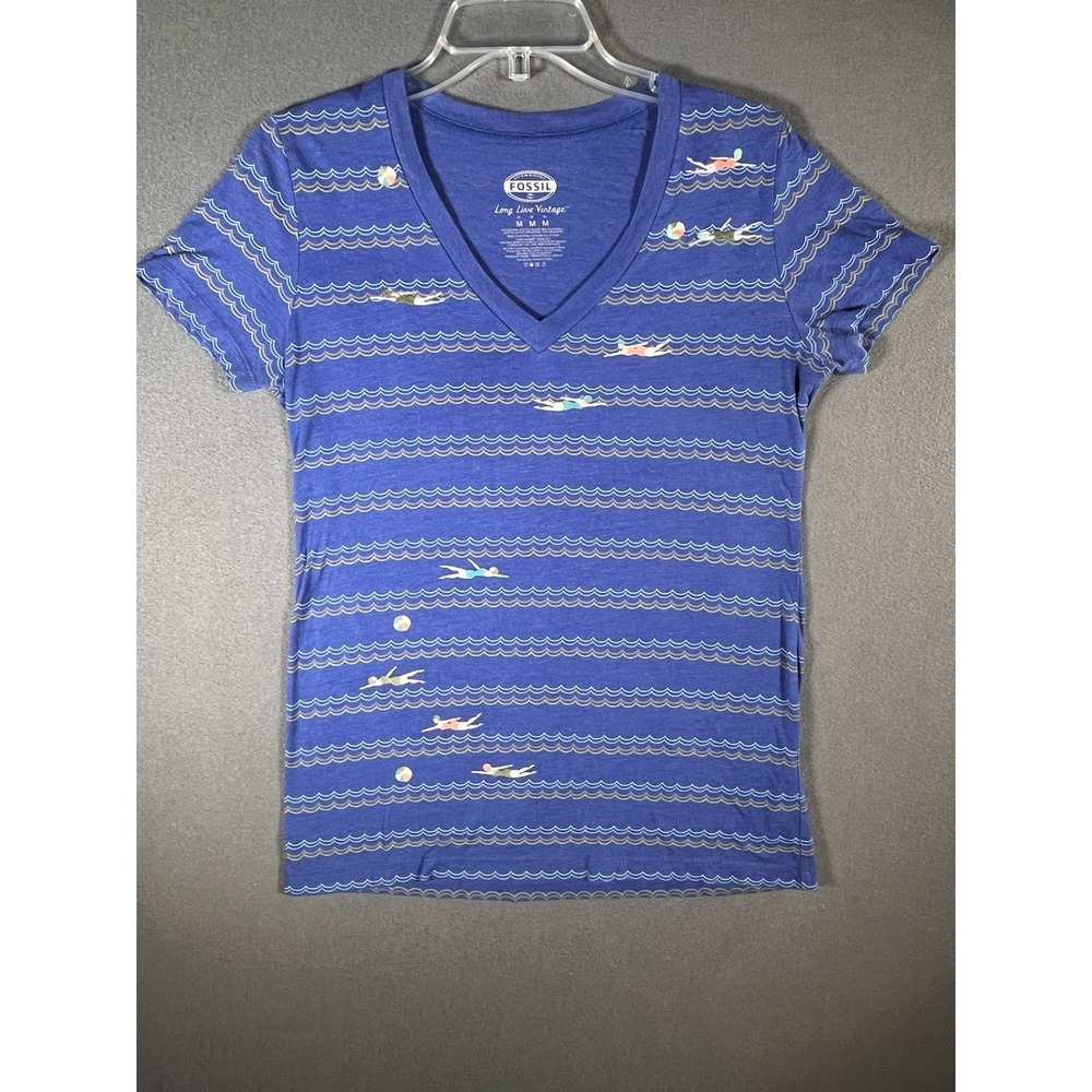 Fossil Women's Summer Shirt Size Medium Swimmers Swim Team V Neck Blue